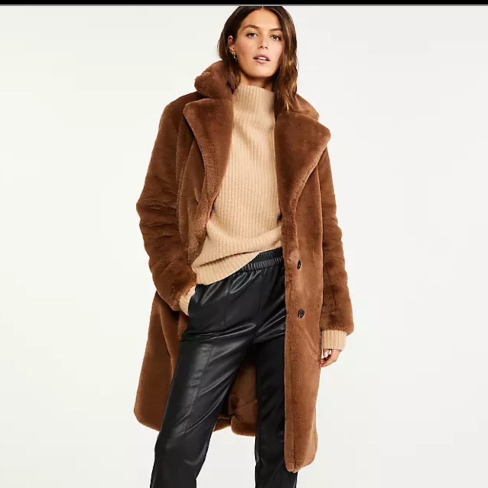 Faux Fur Ann Taylor Brown Long Coat in Medium. Worn once like new! Stylish